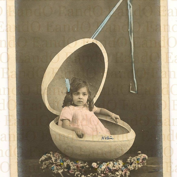 Adorable Antique French Hand Tinted Photo Postcard Little Girl in Easter Egg