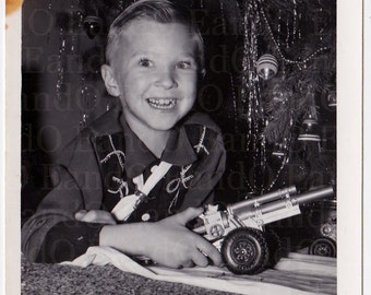 Vintage Photo 'I Got Heavy Artillery For Christmas!'  Great Photo of a Boy in His Cowboy Outfit, Playing Under the Tree With His Cannon