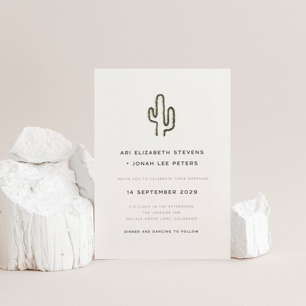 Embroidered Cactus Wedding Invitation, Hand Stitched Invitations, Desert Wedding Invitations, Bespoke Wedding Stationery