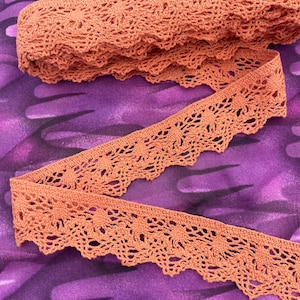 May include: A spool of burnt orange crochet lace trim featuring a repeating floral pattern with a scalloped edge. The lace is wound into a tight roll at the top, with a length of the trim extending downwards in a zigzag pattern across the frame.