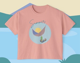 Women's Boxy Tee - Summer Hammock | Cotton Tee | Graphic Tee | Outdoorsy Tee | Summer Vibes | Summer Style | Cropped Tee | Oversized Tee