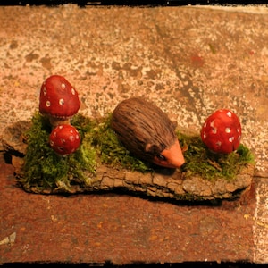 Tiny Faery Hedgehog and Mushrooms, hedgehog, mushrooms, miniature scenes, woodland animals