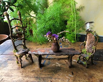 Rustic faery dining set: two chairs, table, and vase, dollhouse miniatures, ready to ship, fairy furniture, faery houses, primitive decor