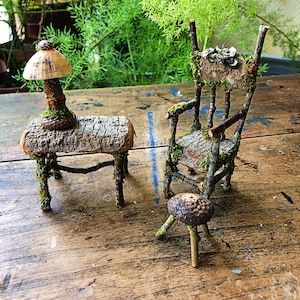 Faery writer&#39;s set, fae chair, writing table, lamp, and footstool, fae furniture, doll house furniture, rustic miniatures