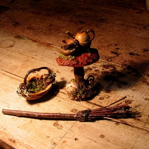 May include: A miniature fairy garden scene with a mushroom table, a teapot, a cup, a basket, and a twig broom. The scene is made of natural materials like acorns, twigs, and moss.