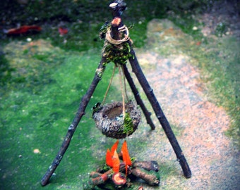 Faery Campfire with Tripod and Cooking Pot, Custom Order, fairy house, fairy garden, Waldorf, natural materials, woodland, miniatures