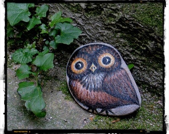 Owlet beach rock painting, garden decor, paper weight