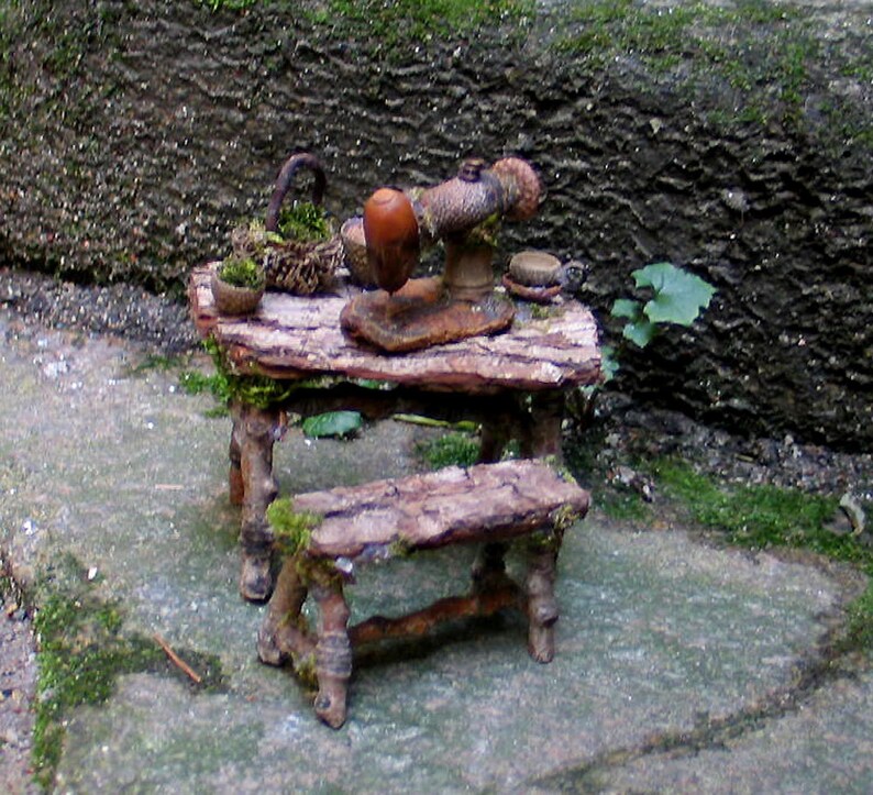 Faery Seamstress, Miniature Sewing Table and Bench, Custom Order, miniature sewing machine, fiber arts, waldorf, dollhouse, woodland image 3