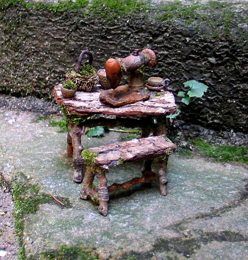 Faery Seamstress, Miniature Sewing Table and Bench, Custom Order, miniature sewing machine, fiber arts, waldorf, dollhouse, woodland image 2