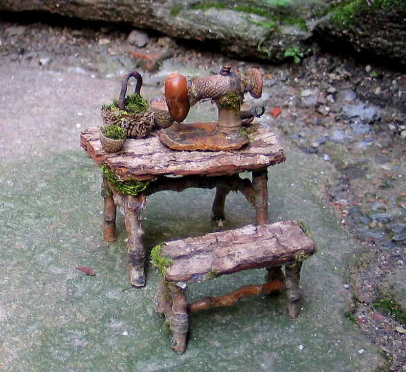 Faery Seamstress, Miniature Sewing Table and Bench, Custom Order, miniature sewing machine, fiber arts, waldorf, dollhouse, woodland image 1