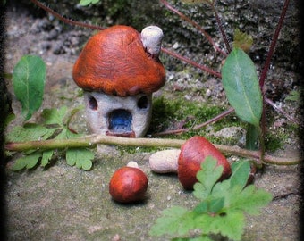 Tiny Mushroom house and mini mushrooms hand sculpted in cold porcelain