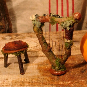 Faery Harp and Three Legged Stool Miniature Dollhouse Fairy Gardens Custom Order