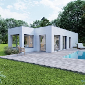 Planos de casas contenedor de dos habitaciones con piscina: Diseño minimalista y ecológico