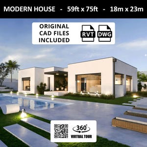 Modern huisplan met 2 slaapkamers en een zwembad - 112 m2 - 1200 ft2 - CAD-bestanden inbegrepen