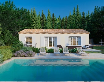 Traditional Provençal house plan - 115m square - T3 - single storey - swimming pool - 2 sloped roof. Persée collection, Mu house.