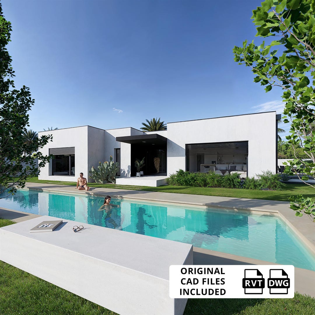 2 Bedroom Pool Villa Blueprint: Modern House Plans (PDF & CAD Files) - Etsy