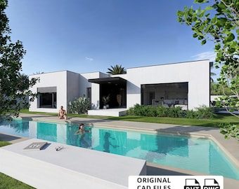 May include: A modern white house with a rectangular swimming pool filled with turquoise water. A concrete bench holds a book and glasses. The text "ORIGINAL CAD FILES INCLUDED" is visible. Two people are in the pool and on the edge of the pool.