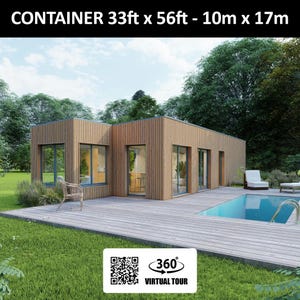 Plattegrond van een containerhuis met 2 slaapkamers, lichthouten gevelbekleding en een zwembad - 52 m2 - 560 ft2