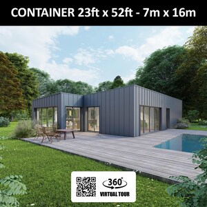 Plattegrond van een containerhuis met 3 slaapkamers, metalen bekleding en een zwembad - 107 m2 - 1150 ft2