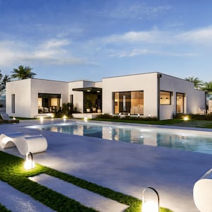 Plattegrond moderne villa: 3 slaapkamers, zwembad - 1400 vierkante voet (digitale pdf)