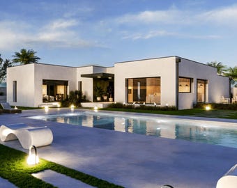 Modern Villa House Plan: 3 Bedroom, Pool - 1400 sq ft (Digital PDF)