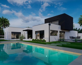 Modern contemporary Californian house plan - 149m square - T5 - floor - swimming pool - double garage - roof terrace. Theta House.