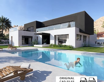 Peut inclure: Maison moderne à deux étages avec un niveau supérieur noir et un niveau inférieur blanc, avec une piscine et une personne qui nage. La maison a de grandes fenêtres et un balcon avec des balustrades en verre. Des palmiers et des montagnes sont visibles.