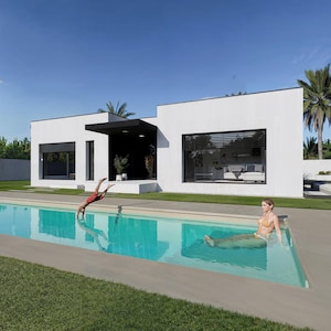 One-Storey Villa Blueprint, Airbnb Floor Plan, Villa Design Plans, Modern Home Blueprints, Villa Architectural Plans, House with Pool Plans