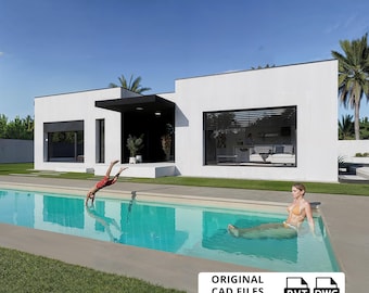 May include: A modern white house with a rectangular pool. A person in red shorts dives into the pool, while another person relaxes in the water. The image includes the text "ORIGINAL CAD FILES INCLUDED".