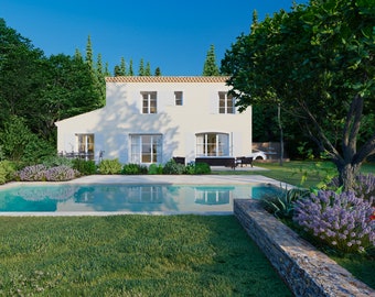 Traditional Provençal house plan - 104m square - T4 - two storey - swimming pool - 2 sloped roof. Persée collection, Lambda house.