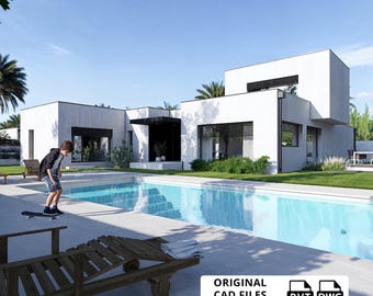 May include: A modern white house with a swimming pool and a skateboarder. The house has large windows and a flat roof. The pool has clear blue water. The image includes the text "ORIGINAL CAD FILES INCLUDED".