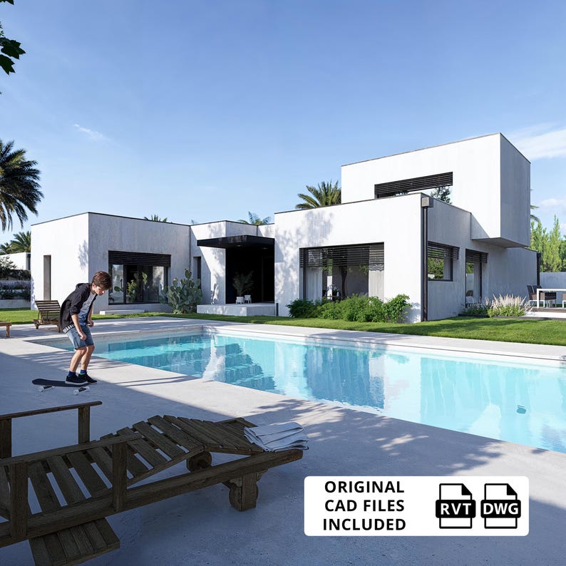 Modern House Plan, 4 Bedroom Villa With Pool (PDF & CAD) - Etsy