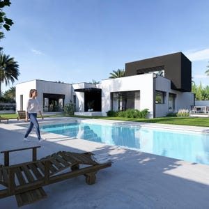 Moderne Villa Haus Plan, 4 Schlafzimmer Haus mit Pool, Garage & Büro, PDF Blueprint Download für Airbnb oder Familie Wohnen, 1600 Quadratfuß, 150m2