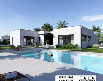May include: A modern white house with a swimming pool and a person diving into the water. The house has large windows and a flat roof. Palm trees and lounge chairs are visible. Text on the image reads "ORIGINAL CAD FILES INCLUDED".