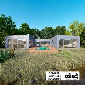 May include: A modern gray house with large windows, a swimming pool, and a wooden deck. The house is surrounded by trees and grass. The text "ORIGINAL CAD FILES INCLUDED" is visible.
