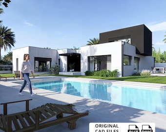 May include: Exterior view of a modern white house with a black accent. A swimming pool is in the foreground, with a woman walking by. The image includes the text "ORIGINAL CAD FILES INCLUDED".