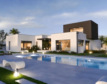 Modern Villa House Plan: 4 Bedroom Home with Pool (PDF Blueprint)