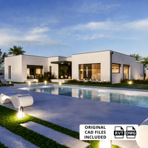 Modern huisplan, zwembad met 3 slaapkamers, 1400 vierkante voet, 127 m2 luxe villablauwdruk, huisontwerp met één verdieping, digitaal pdf- en CAD-bestand download huisplan