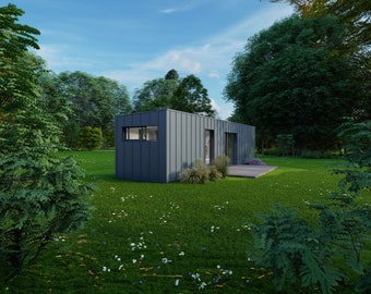 Atypical maritime container house plan - 24m square - T2 - single storey - terrace - roof terrace. Container collection, Dekker house.