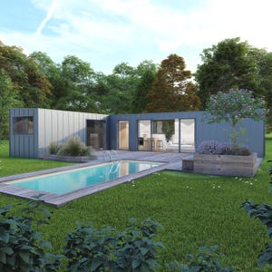 May include: Modern, gray-blue home with a rectangular pool and wooden deck. The house features large windows and doors, a small tree, and a lush green lawn. The pool has a length of approximately 20 feet.