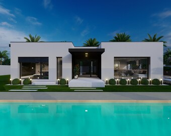 Modern contemporary Californian house plan - 77m square - T3 - single storey - swimming pool - master suite - roof terrace. Eta House.