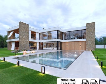 Planos de casas de lujo: Casa moderna de 7 dormitorios con piscina (PDF + archivos CAD)