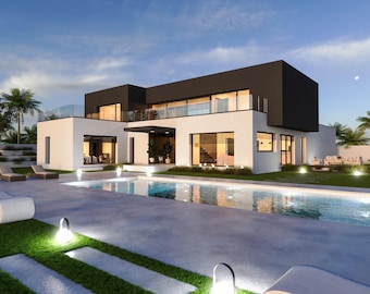 Modern 5-Bedroom Villa Blueprint: Two-Story House Plans with Pool (PDF Download)