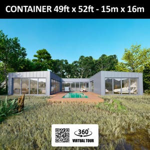 Containerhuisplattegrond H-vormig met 3 slaapkamers, metalen bekleding en een zwembad - 122 m2 - 1300 ft2