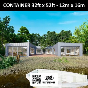 Plattegrond containerhuis H-vormig met 3 slaapkamers en metalen bekleding - 122 m2 - 1300 ft2