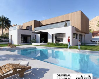 Peut inclure: Une maison moderne à deux étages avec une piscine. La maison présente des murs blancs, des accents en bois et de grandes fenêtres. Une femme et un enfant se tiennent près de la piscine. Le texte "ORIGINAL CAD FILES INCLUDED" est visible.