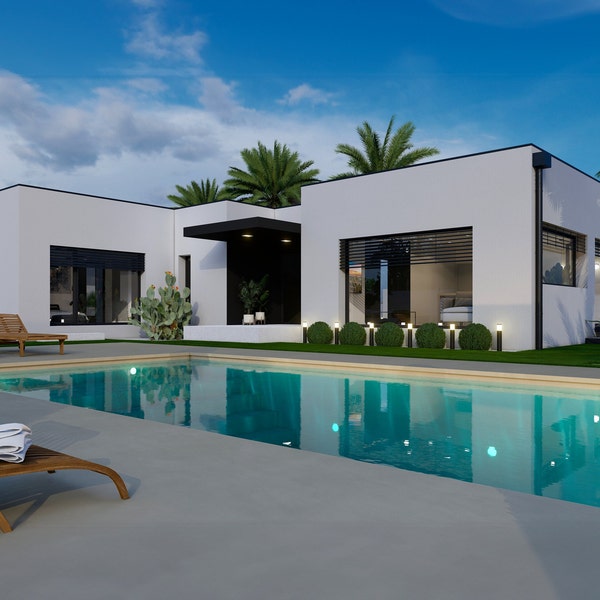 Plan de maison moderne californienne contemporaine - 127m carré - T4 - plain-pied - piscine - garage - toit terrasse. Maison Epsilon