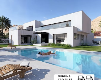 Peut inclure: Une maison moderne blanche à deux étages avec une piscine. Une personne flotte sur un radeau dans la piscine. La maison a de grandes fenêtres et un balcon. Le texte "ORIGINAL CAD FILES INCLUDED" est inclus.