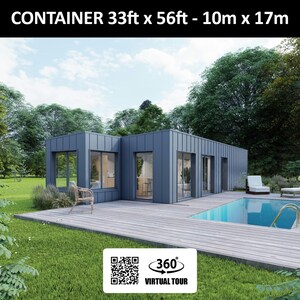 Plattegrond van een containerhuis met 2 slaapkamers, metalen bekleding en een zwembad - 52 m2 - 560 ft2