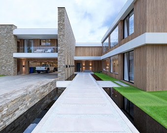 May include: Modern two-story house with a stone and wood exterior. The house features large windows, a walkway over a water feature, and a garage with a white truck parked inside. The architecture is contemporary with clean lines.